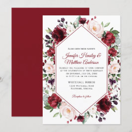 Mörk Red Watercolor Blommigt Ram Winter Wedding Inbjudningar
