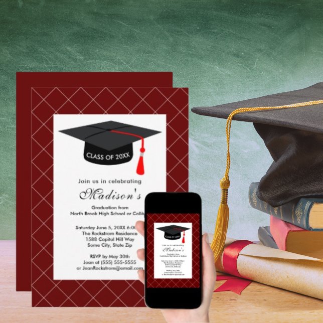 Mörk Red White Studenten, klass 2024 Party Inbjudningar (Dark Red White Graduation Class of 2024 Party Invitation)