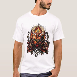Mörk religiös hjärta tatuering konst med kedjor oc t shirt