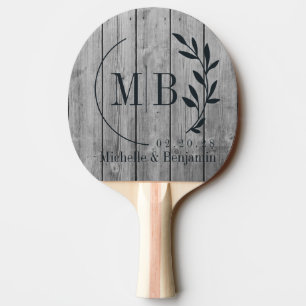 Mörk Ren Grå Trä Blad Bröllops Monogram Pingisracket