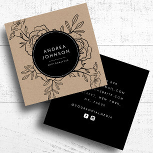 Mörk Ritad Blommigt Rustic Kraft Botanical Modern Fyrkantigt Visitkort