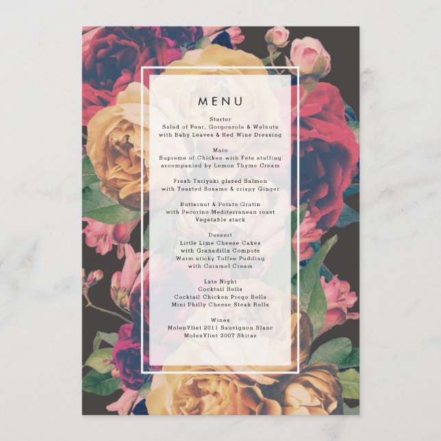 Mörk Ro Botanical Fete Bröllop Menu Meny (Framsida)