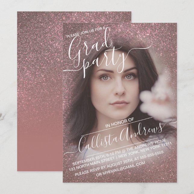 Mörk Ro Glitter Ombre Photo Studenten Inbjudningar (Fram/baksida)