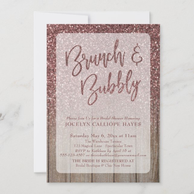 Mörk Ro Guld Glitter Barn Wood Brunch & Bubly Inbjudningar (Framsida)