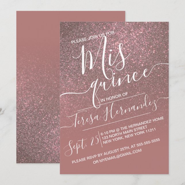 Mörk Ro Guld Sparkly Glitter Ombre Quinceañera Inbjudningar (Fram/baksida)