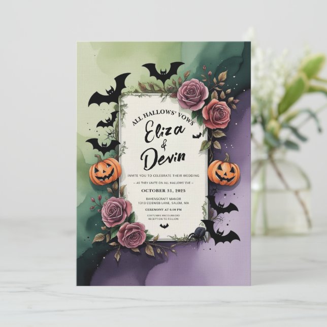 Mörk Ro Halloween Bröllop Watercolor Inbjudningar (Stående Fram)