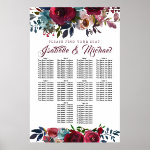 Mörk Röd Blommigt 10-Bord Bröllop sätesdiagram Poster