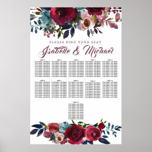Mörk Röd Blommigt 11-Bord Bröllop sätesdiagram Poster