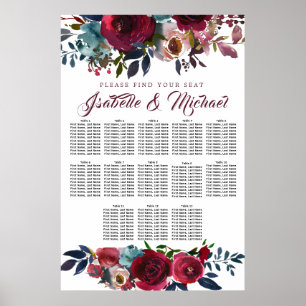 Mörk Röd Blommigt 13-Bord Bröllop sätesdiagram Poster