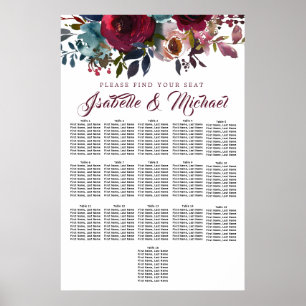 Mörk Röd Blommigt 16-Bord Bröllop sätesdiagram Poster
