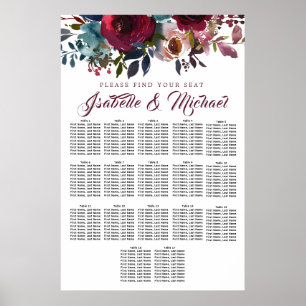 Mörk Röd Blommigt 17-Bord Bröllop sätesdiagram Poster