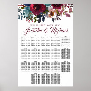 Mörk Röd Blommigt 18-Bord Bröllop sätesdiagram Poster