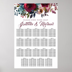 Mörk Röd Blommigt 19-Bord Bröllop sätesdiagram Poster