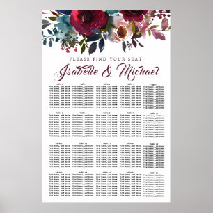 Mörk Röd Blommigt 20-Bord Bröllop sätesdiagram Poster