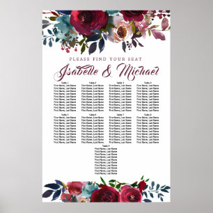 Mörk Röd Blommigt 9-Bord Bröllop sätesdiagram Poster