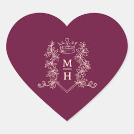 Mörk röd burgundi peach krona monogram bröllop hjärtformat klistermärke