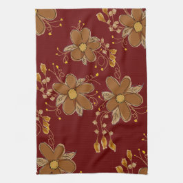 Mörk röd med brun Blommigt Kökshandduk