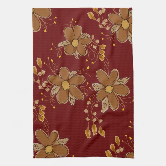 Mörk röd med brun Blommigt Kökshandduk (Vertikal)