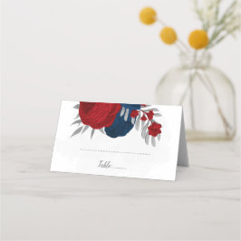 mörk röd och marin blåa blommor botaniska bröllop placeringskort