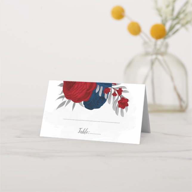 mörk röd och marin blåa blommor botaniska bröllop placeringskort (Framsida)