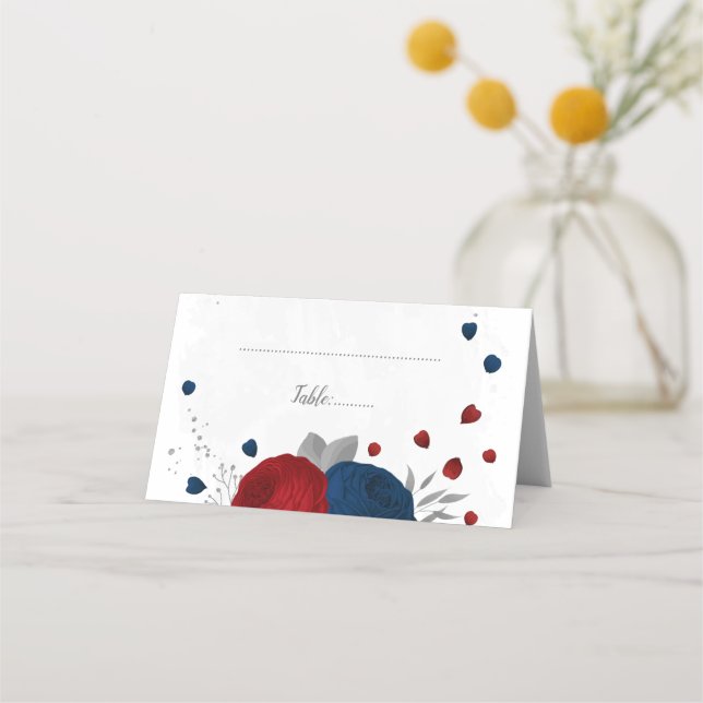 mörk röd och marin blåa blommor silver botaniska placeringskort (Framsida)