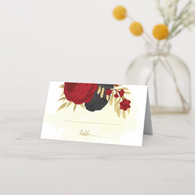 mörk röd och svart blomma guld botaniska bröllop placeringskort (Framsida)