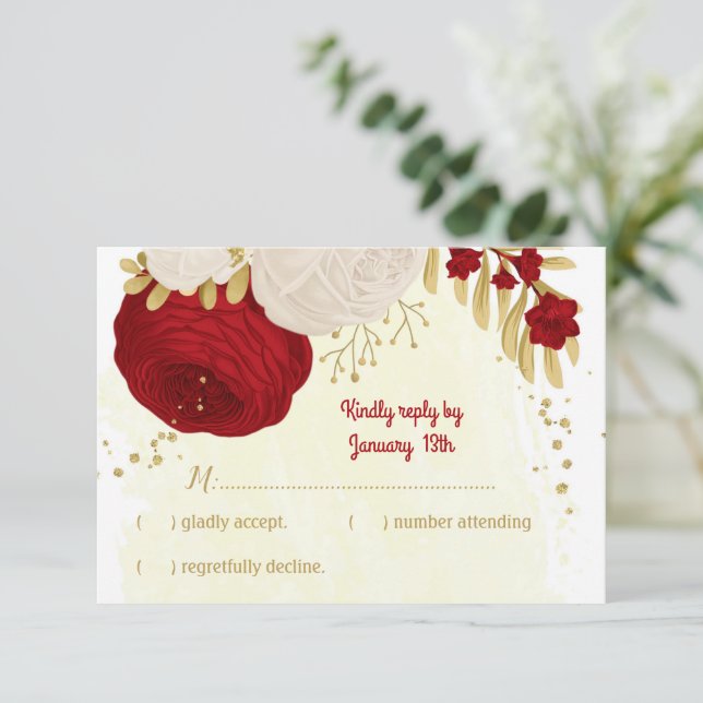 mörk röd och vit blomma guld botaniska bröllop OSA kort (Stående Fram)