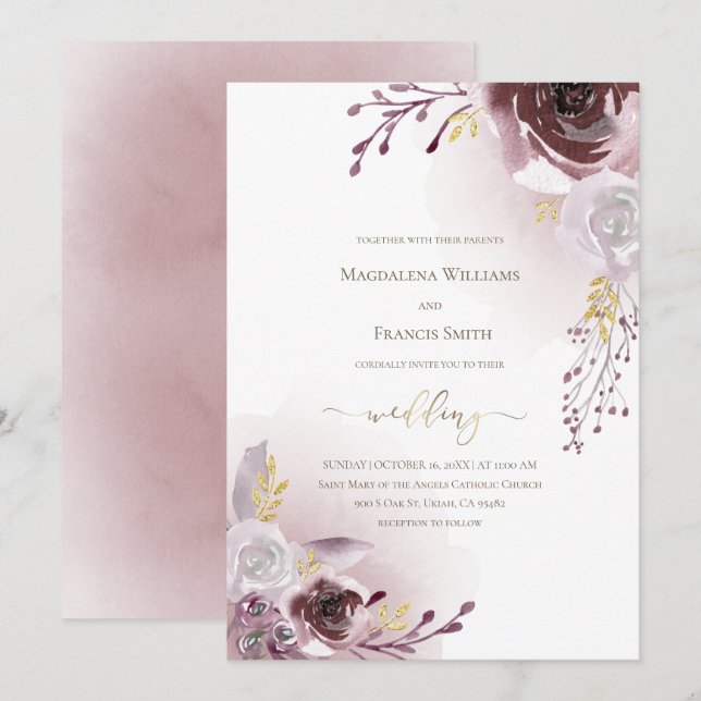 mörk röd ros blommor bröllop inbjudningar (Fram/baksida)