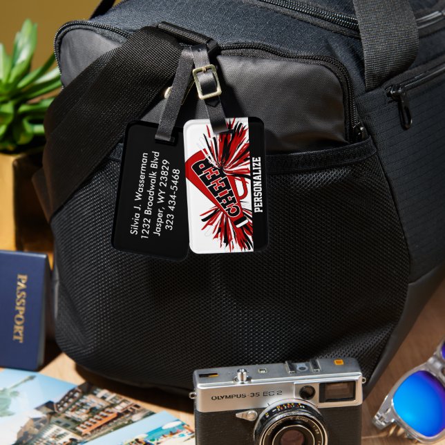 Mörk Röd, Vit och Svart CheerLeaderMegafon Bagagebricka (Fram & Baksida)