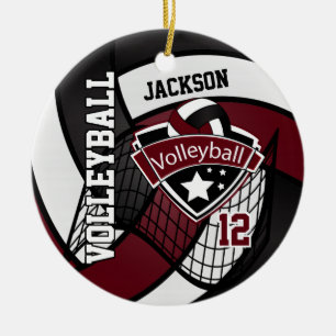 Mörk rödbrun, vit- och svartlogotypvolleyboll julgransprydnad keramik
