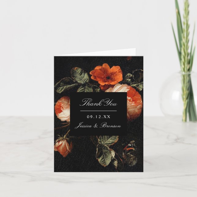 Mörk Romantic Blommigt Ro Nederländska Bröllop Tack Kort (Framsida)