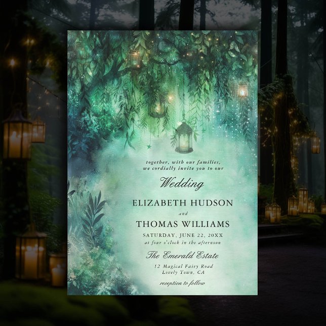 Mörk Romantic Bröllop Enchanted Forest Theme Fairy Inbjudningar (dark romantic wedding invitation enchanted forest theme fairytale romantic fairy lights emerald boho)