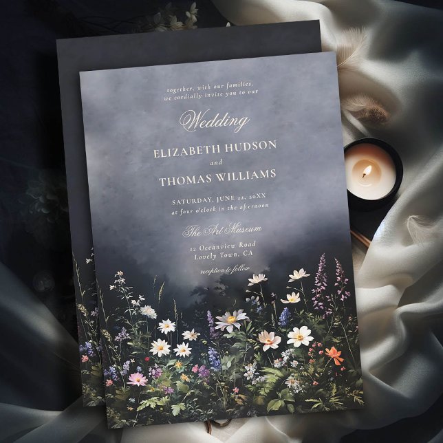 Mörk Romantic Dusk Moody Wildblommor Bröllop Inbjudningar (moody dark romantic wedding invitation dusk garden wild flowers black white purple modern classic)