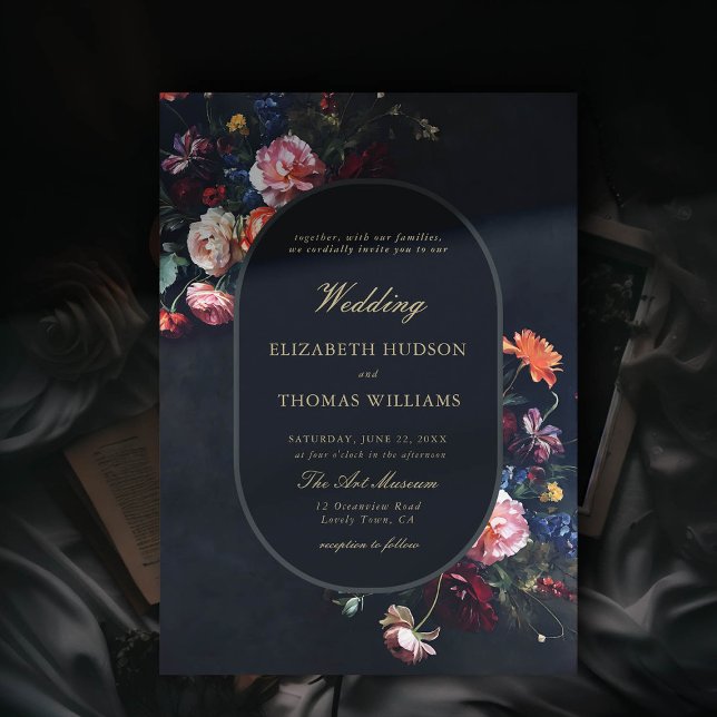 Mörk Romantic Fairytale Moody Blommigt Ram Bröllop Inbjudningar (dark romantic wedding invitation fairytale romance black navy dutch masters floral frame painting)