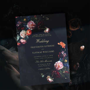 Mörk Romantic Fairytale Moody Bouquet Navy Bröllop Inbjudningar