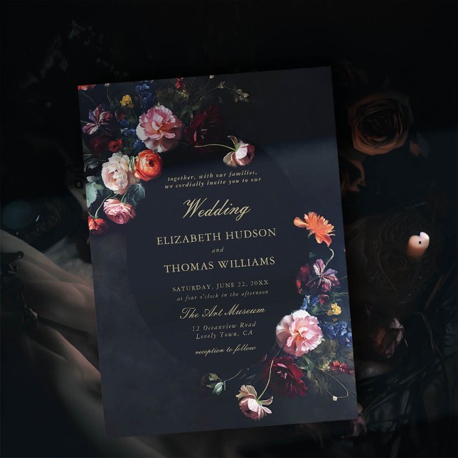Mörk Romantic Fairytale Moody Bouquet Navy Bröllop Inbjudningar (dark romantic wedding invitation fairytale romance black navy dutch masters floral painting elegant)