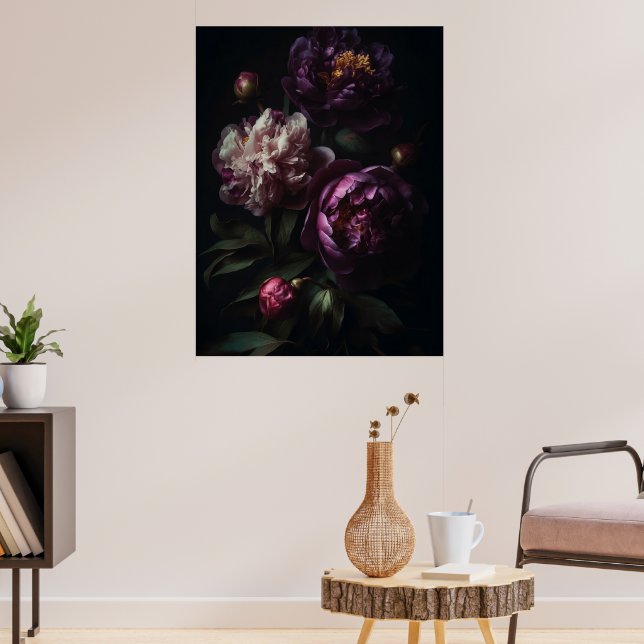 Mörk Romantic Lila Peonies Flower Bouquet Poster (Vardagsrum 3)