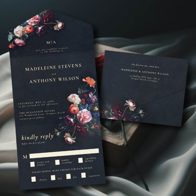 Mörk Romantic Moody Blommigt Black Fairytale Bröll (dark moody romantic wedding invitation fairytale romance trifold seal and send all in one gothic)