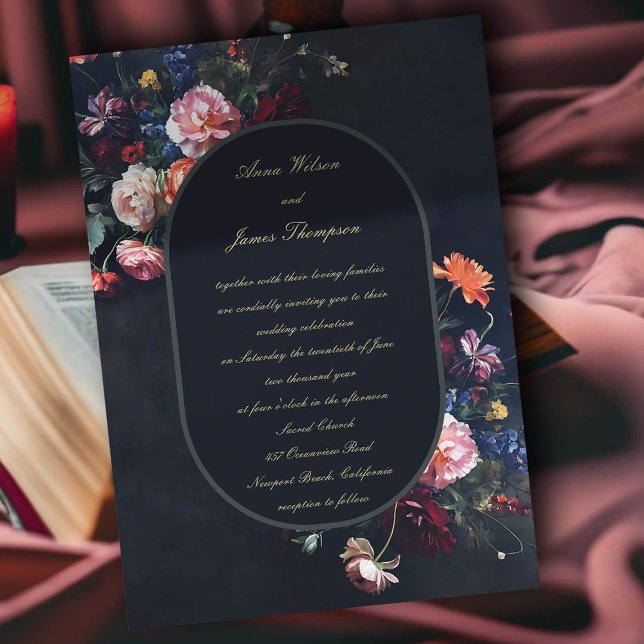 Mörk Romantic Moody Ram Calligraphy Bröllop Inbjudningar (dark romantic wedding invitation fairytale romance black navy dutch masters floral calligraphy)