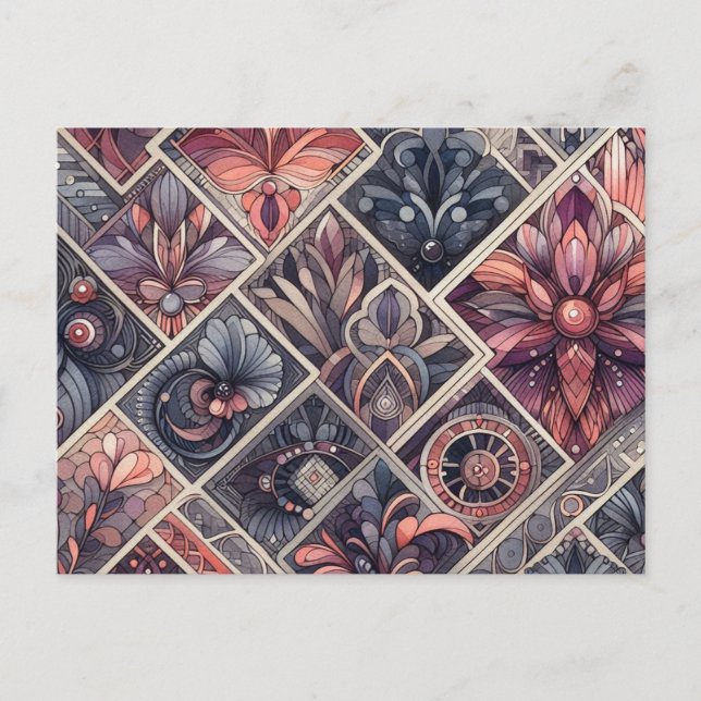 Mörk Romantik Burgundy Art Deco Blommigt Sommaren Vykort (Framsida)