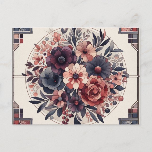 Mörk Romantik Burgundy Art Deco Blommigt Sommaren Vykort (Framsida)