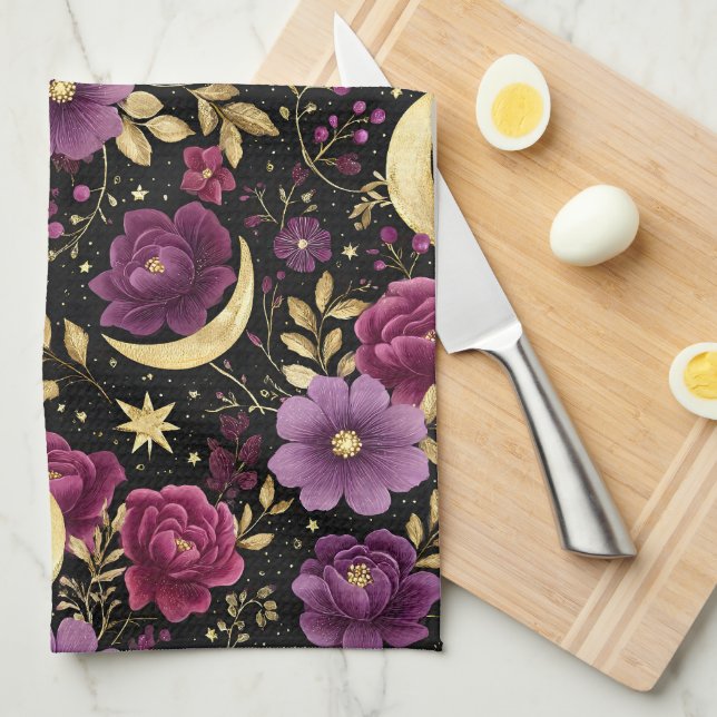 Mörk Romantik Celestial Måne Lila Guld Kökshandduk (Vikt i Fjärdedel)