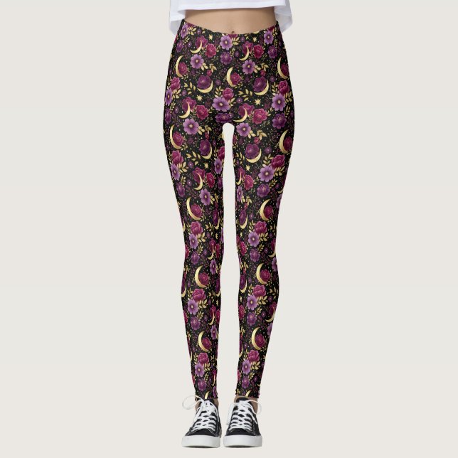 Mörk Romantik Celestial Måne Lila Guld Leggings (Framsida)
