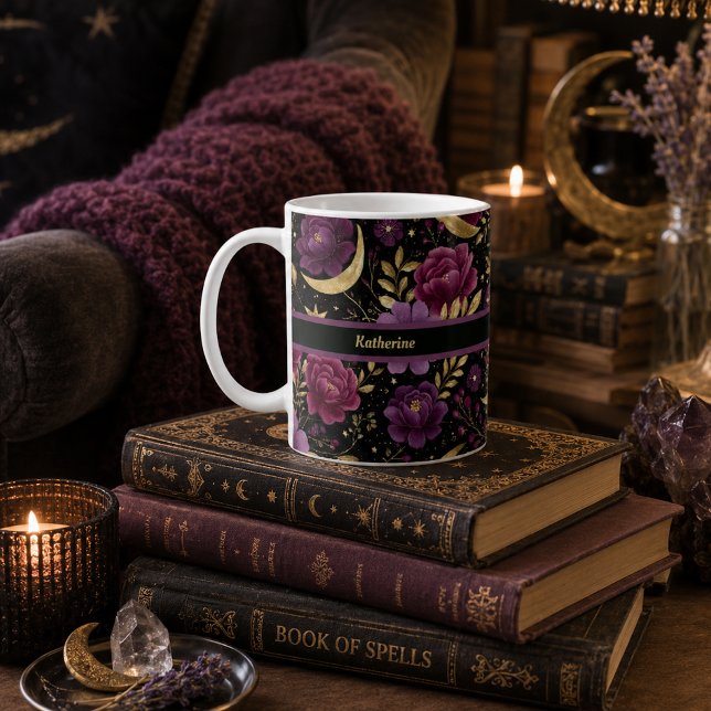 Mörk Romantik Celestial Moon Namn Lila Guld Kaffemugg (Skapare uppladdad)