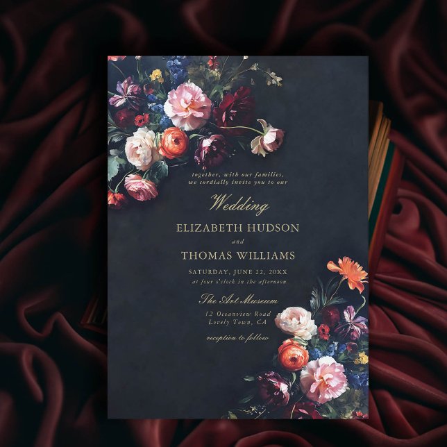 Mörk Romantik Fairytale Moody Bouquet flottan Bröl Inbjudningar (dark romance wedding invitation fairytale romantic black navy dutch masters floral modern classic)
