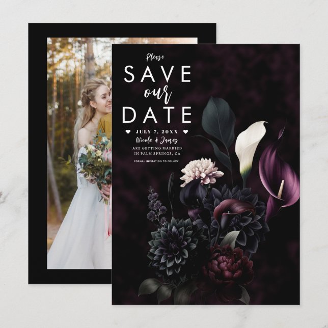 Mörk Romantisk Blommig Bröllopsinbjudan - Spara Da Inbjudningar (Fram/baksida)