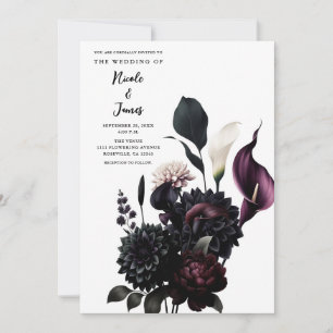 Mörk Romantisk Blommig Vit Bröllop Inbjudningar