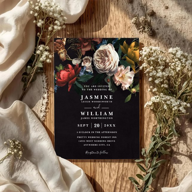 Mörk Romantisk Blomster Holländsk Chic QR-kod Bröl Inbjudningar (Skapare uppladdad)