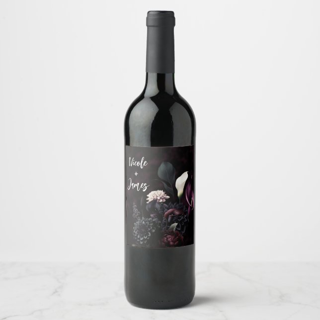Mörk romantisk blomsterbröllop i vitt vinflaska etikett (Framsida)