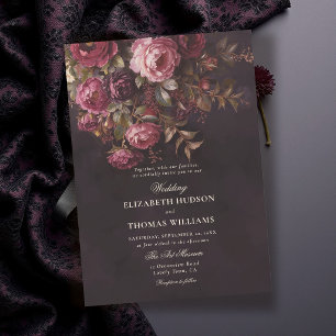 Mörk Romantisk Dämpad Blommig Burgunder Röd Bröllo Inbjudningar